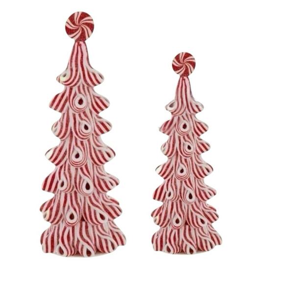 Peppermint Christmas Tree LED Light Up Sz 9.25 & 6.5 in Tabletop Ribbon Candy - Picture 2 of 9